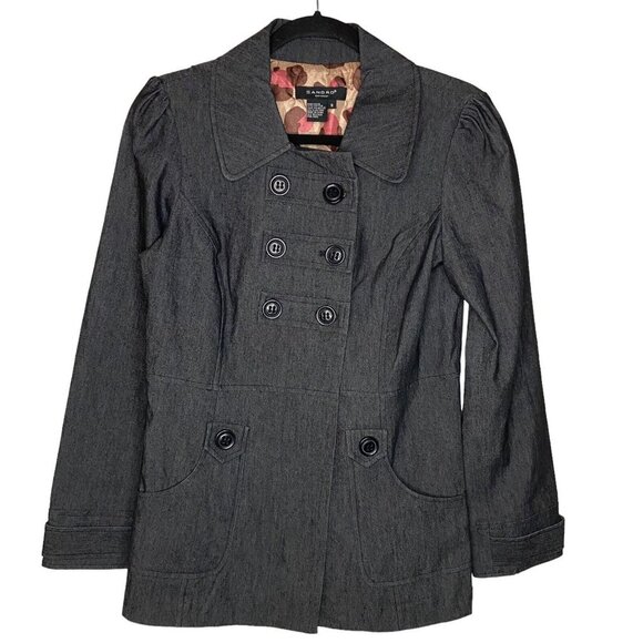 Sandro Jacket Women S Chambray Denim Gray Stretch Double Breasted Empire‎ Waist - Picture 1 of 7